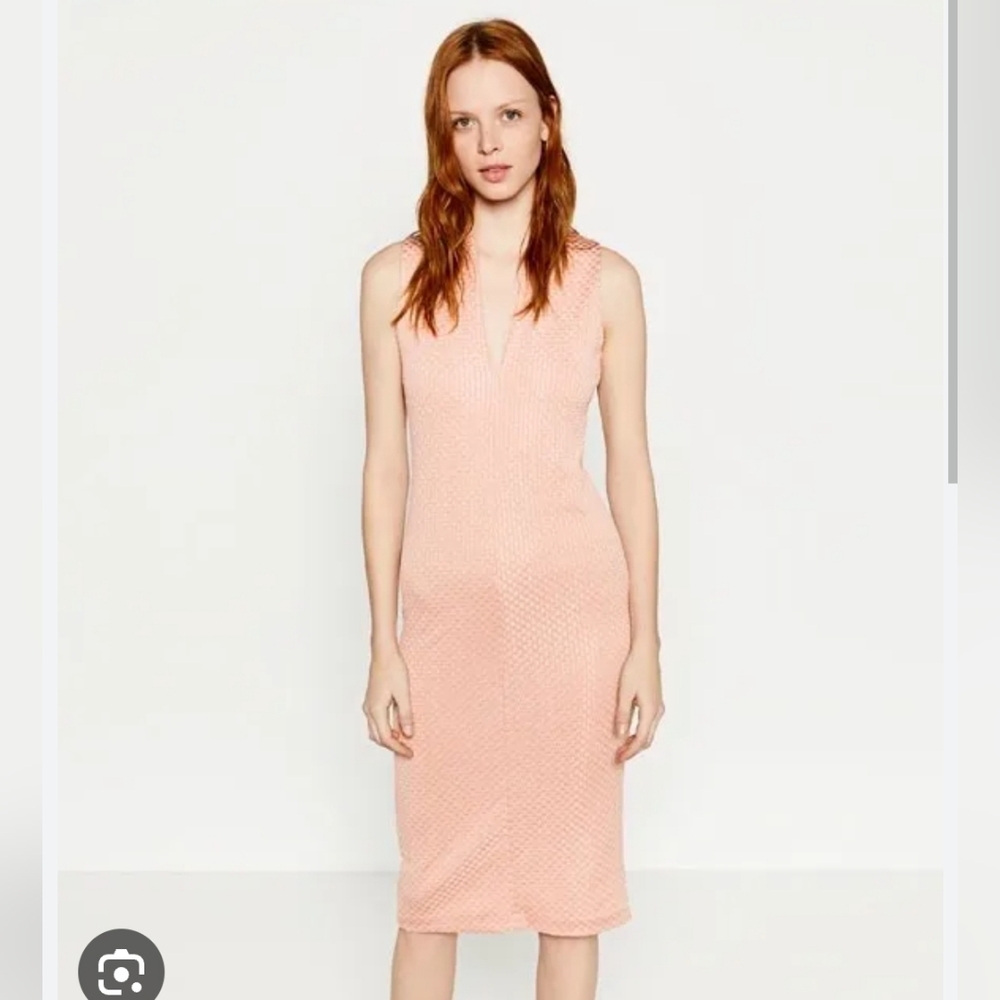 New Zara Collection Blush Pink Textured V-Neck Midi Dress Small